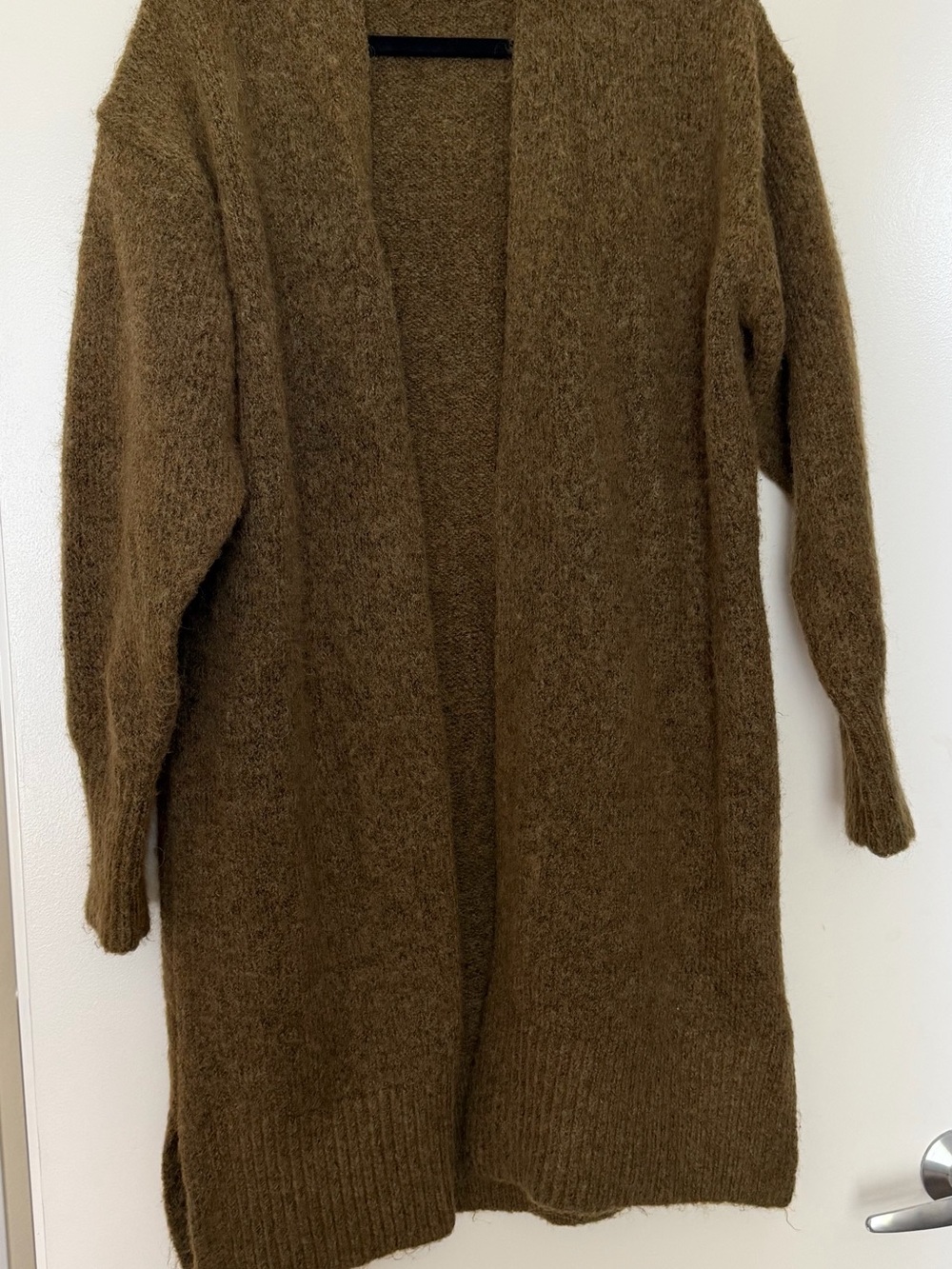 Zara Long Open-Front Cardigan — Olive